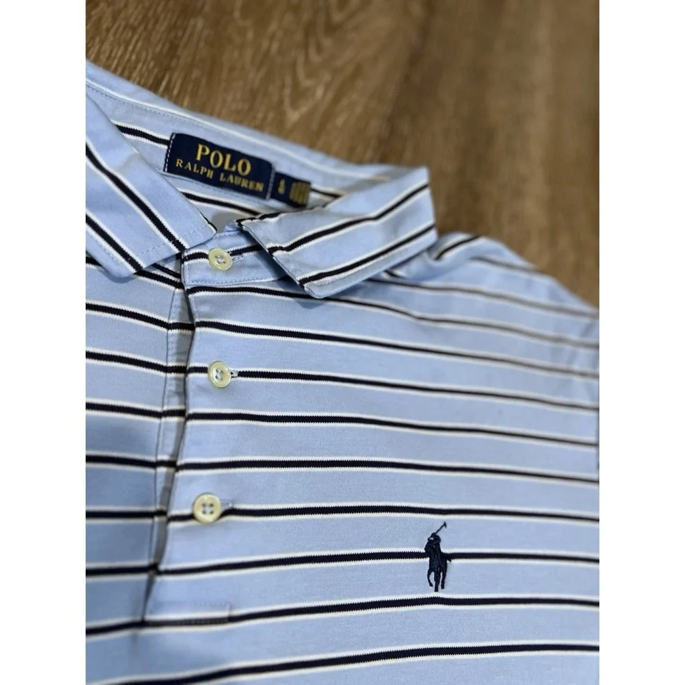 Polo Ralph Lauren Men's Light Blue T-Shirt‎ XL with Navy Pony and Navy Stripes